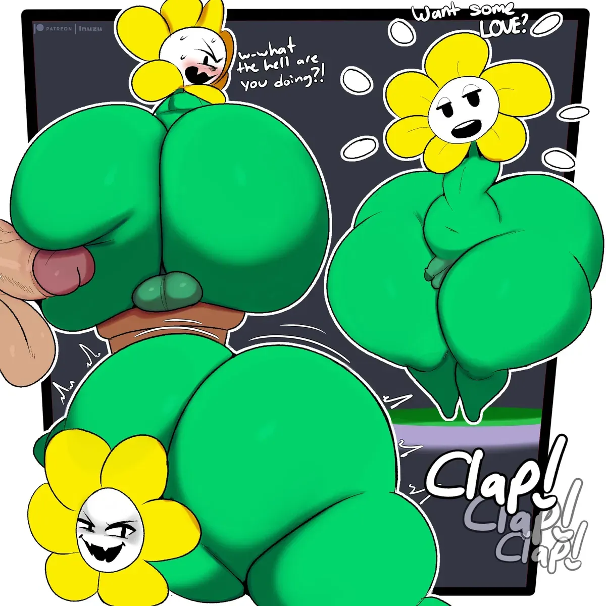 adshtorm, flowey the flower, undertale, black background, rule 63, big brea...